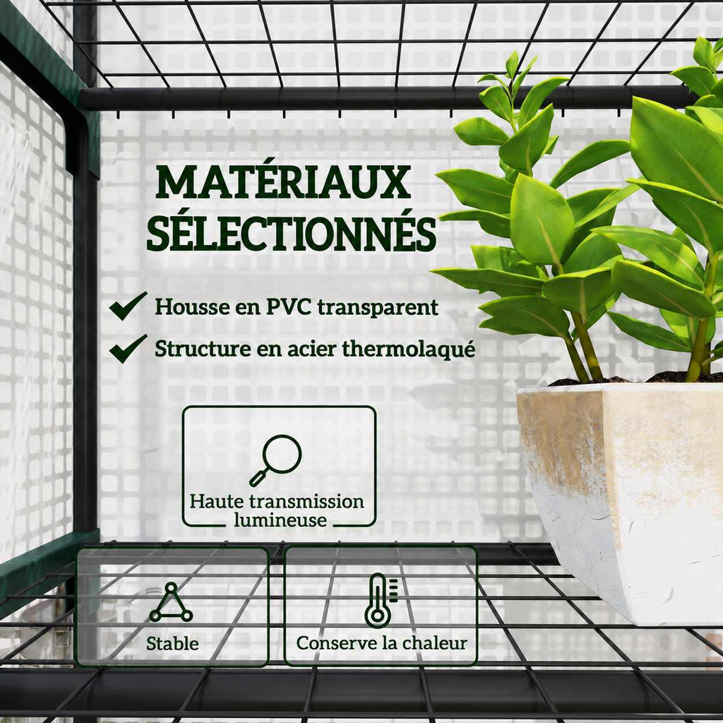 Détail de la housse blanche et des étagères grillagées de la mini serre