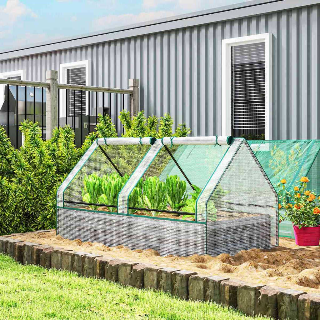 Bac potager argenté avec housse transparente et plantes près d’une maison