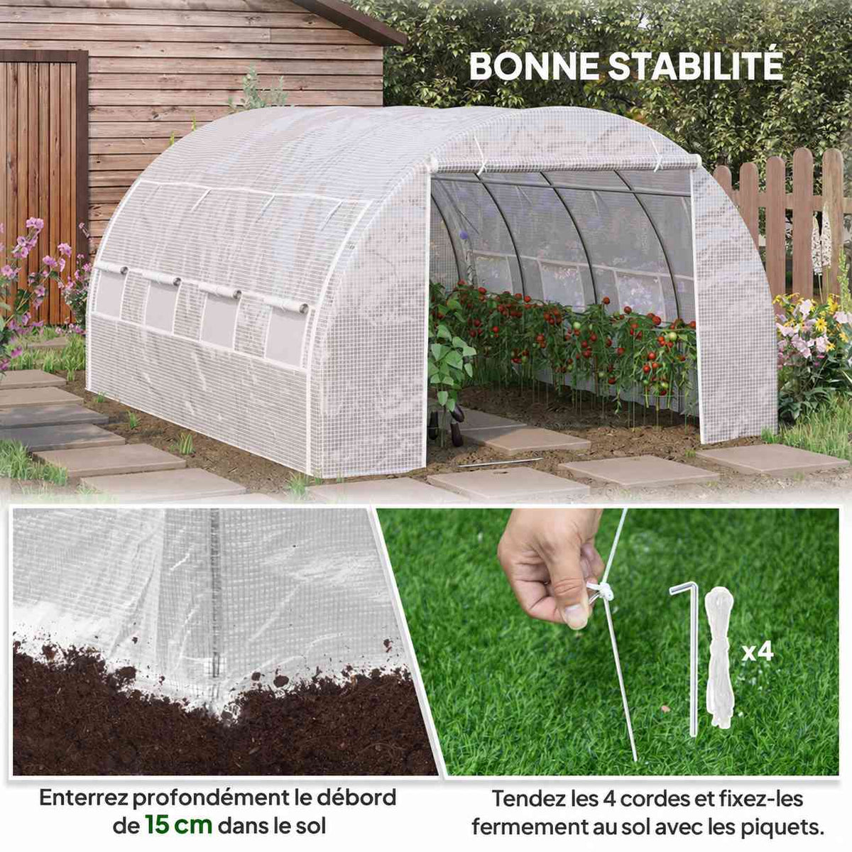 Serre blanche avec détails du bord de housse et des piquets