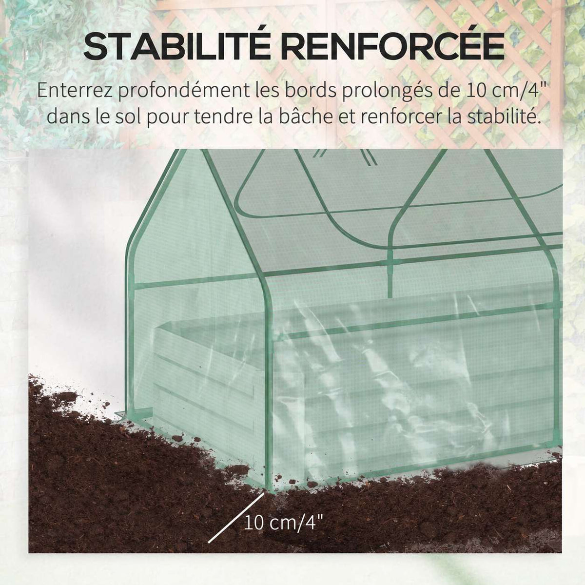 Illustration du bord prolongé de la housse verte dans le sol