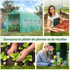 Serre tunnel et exemples de cultures de fruits, légumes et fleurs