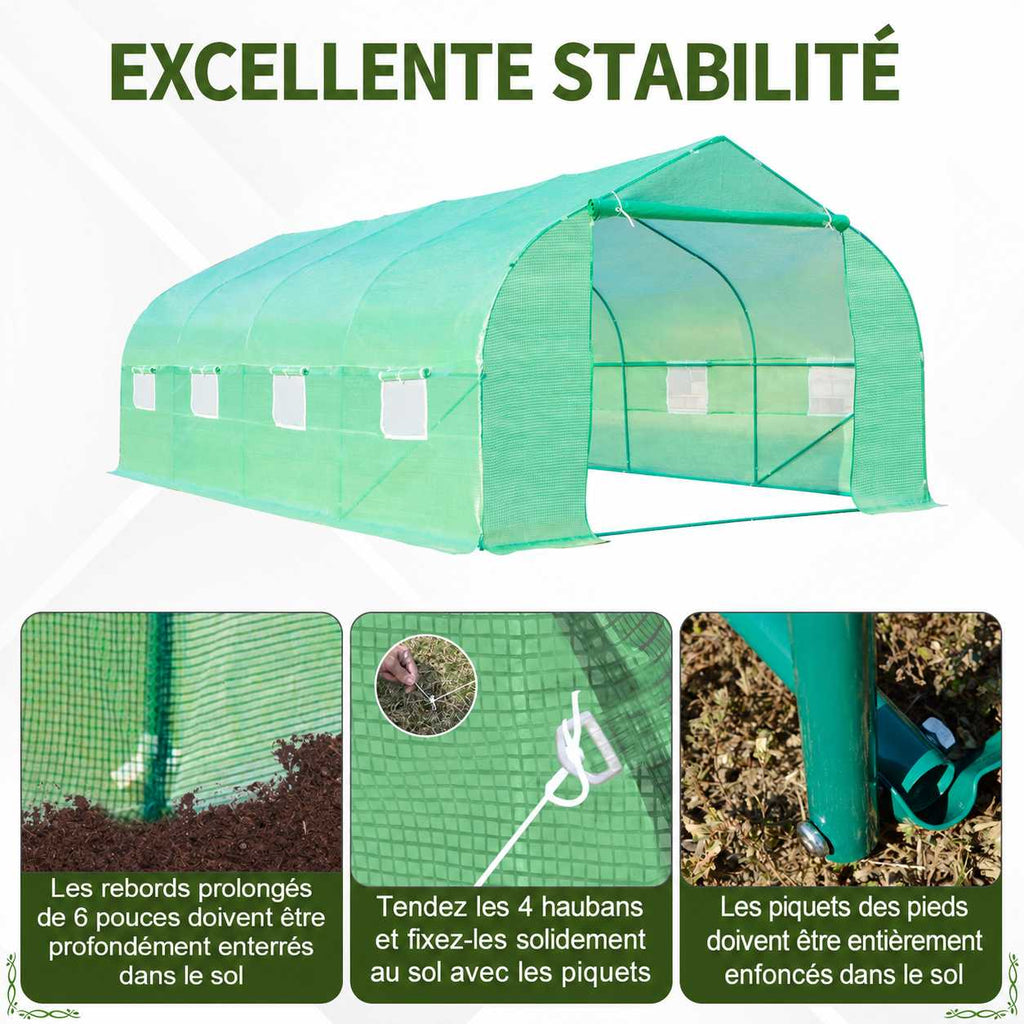 Serre tunnel et détails de la fixation au sol et des cordes