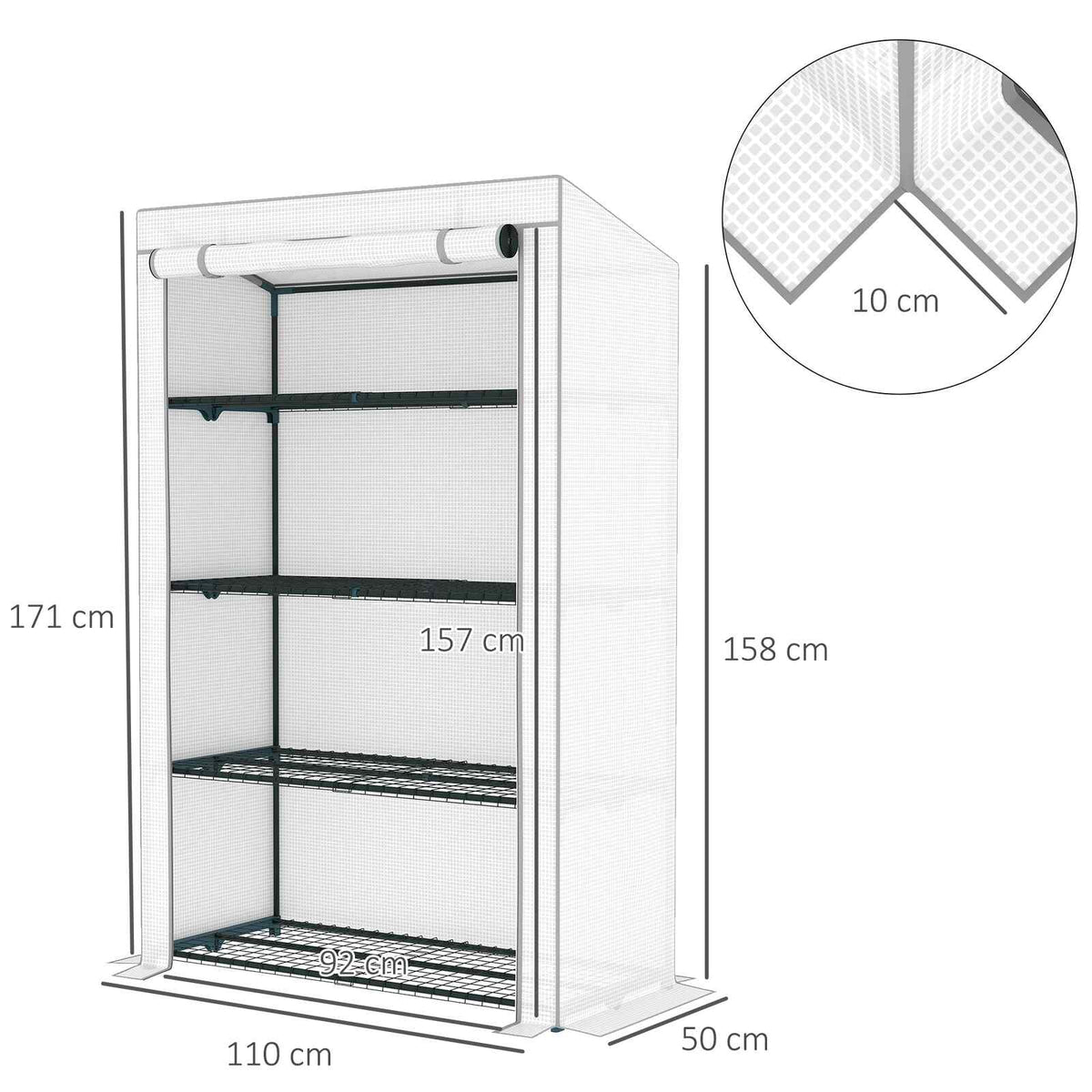 Dimensions de la serre de balcon blanche et de sa porte frontale