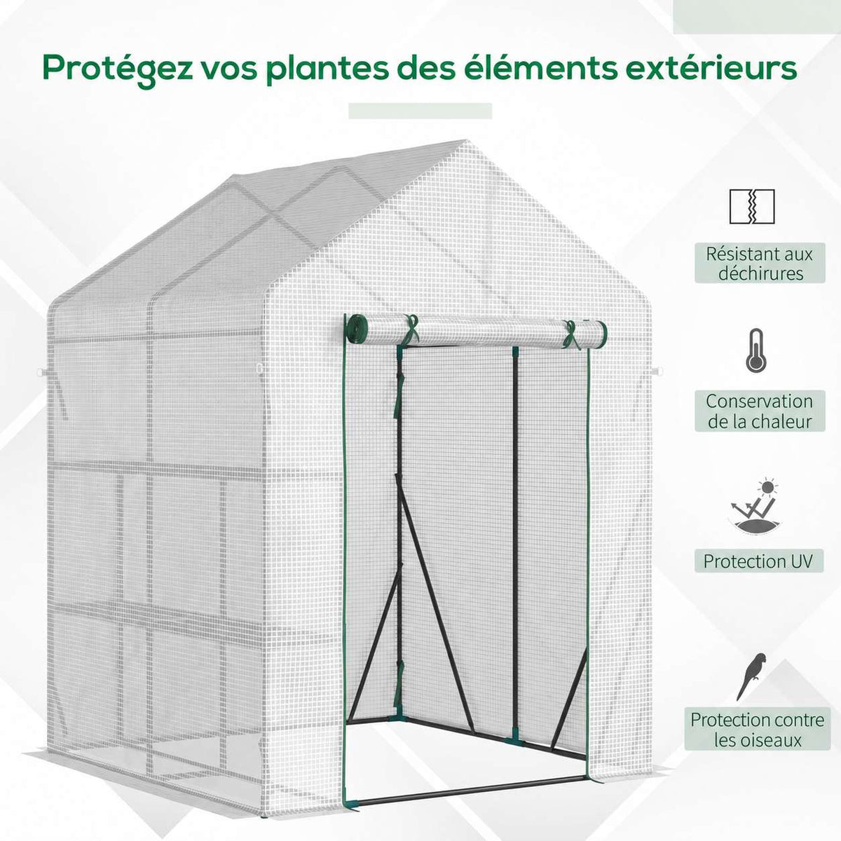 Serre blanche ouverte avec détail de la housse