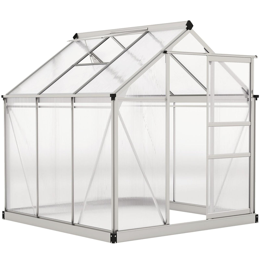 Serre argentée en polycarbonate avec porte coulissante et lucarne ouverte