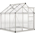 Serre argentée en polycarbonate avec porte coulissante et lucarne ouverte