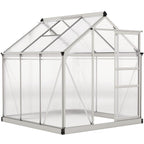 Serre argentée en polycarbonate avec porte coulissante et lucarne ouverte