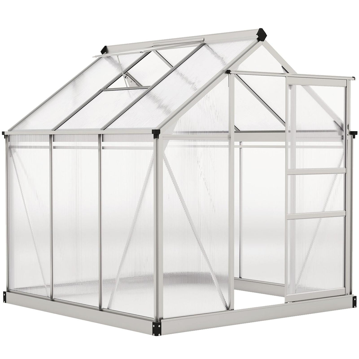 Serre argentée en polycarbonate avec porte coulissante et lucarne ouverte