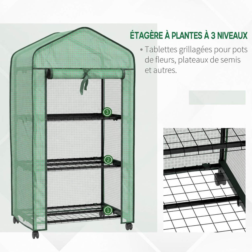 Trois étagères grillagées de la mini serre verte