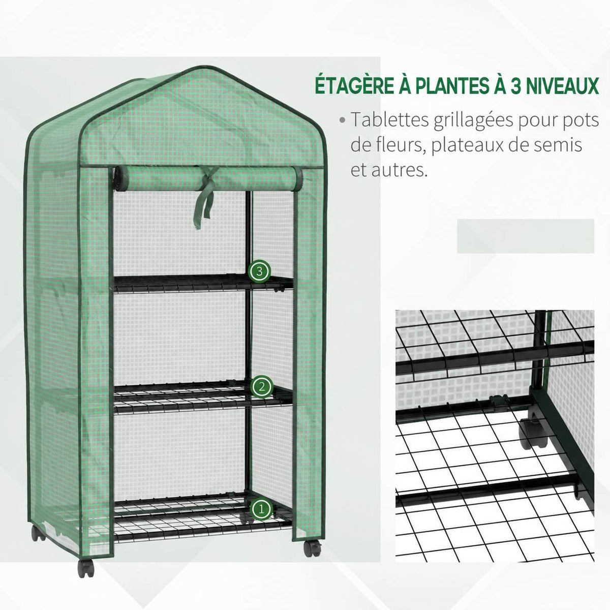 Trois étagères grillagées de la mini serre verte