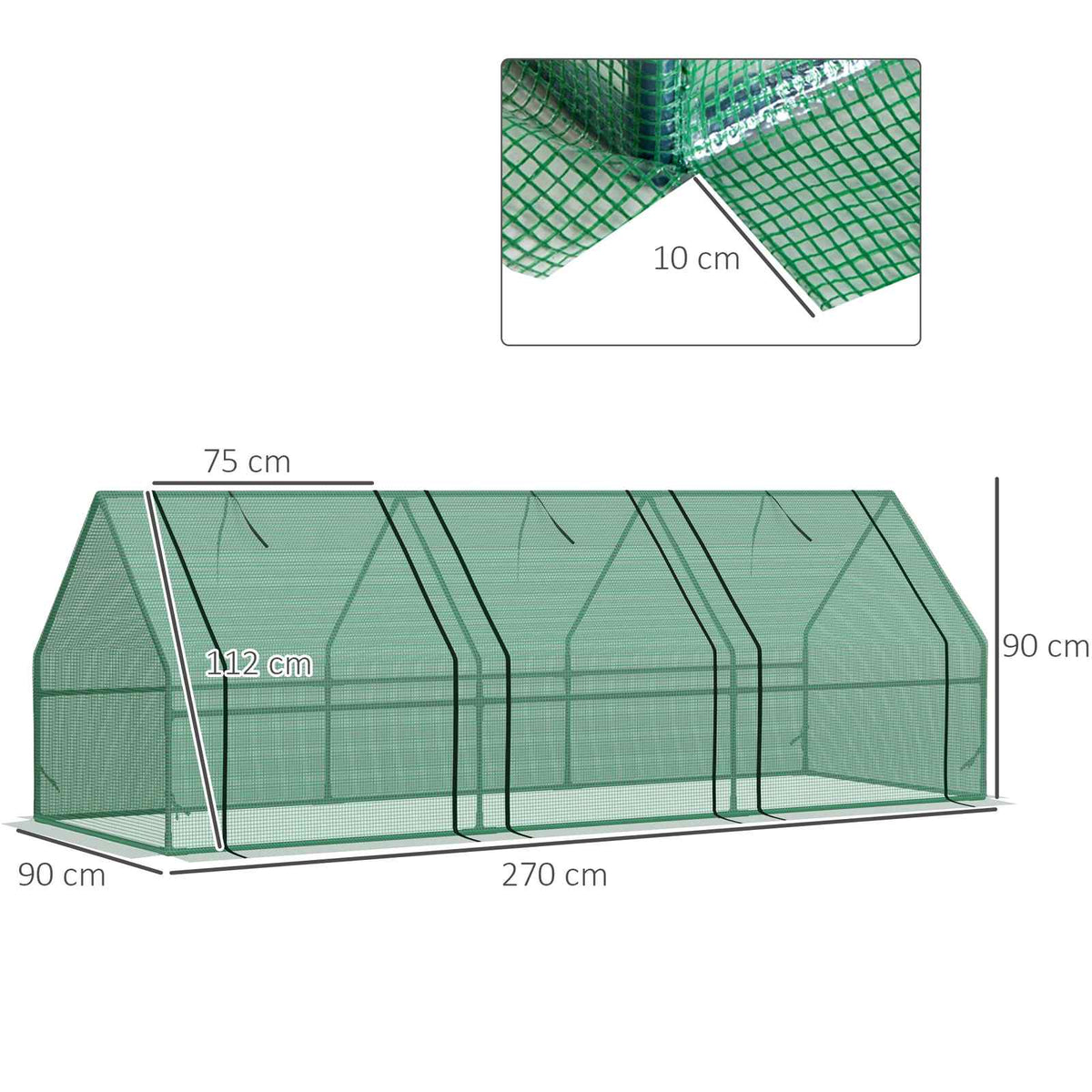 Dimensions de la mini-serre verte : 270 x 90 x 90 cm