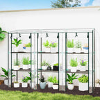 Serre de balcon transparente remplie de plantes devant un mur blanc
