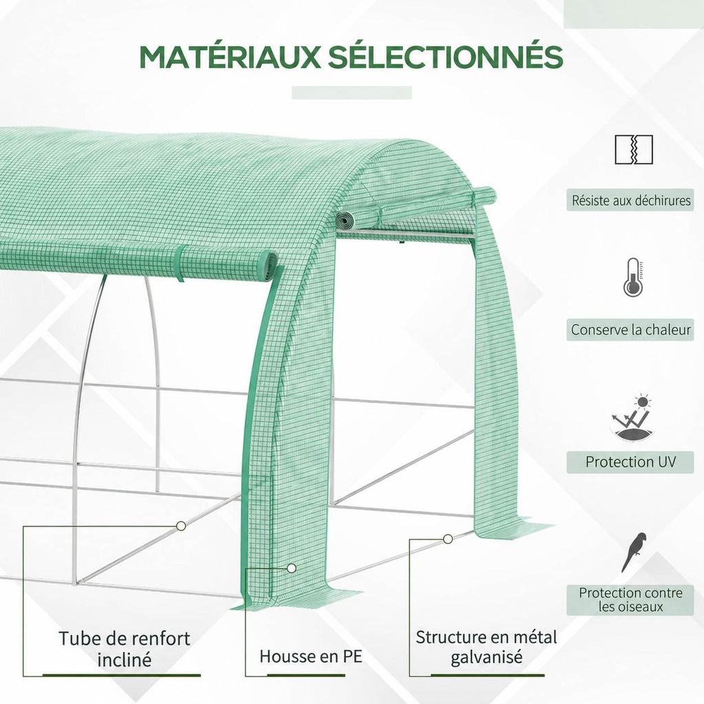 Détails de la bâche verte et de l’armature métallique