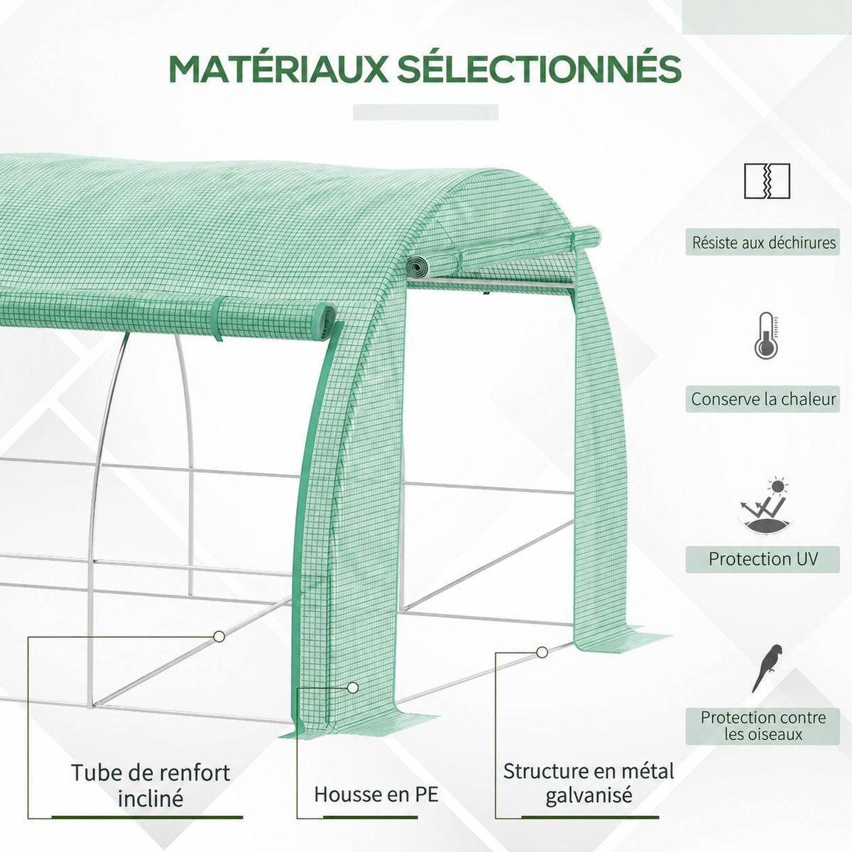 Détails de la bâche verte et de l’armature métallique