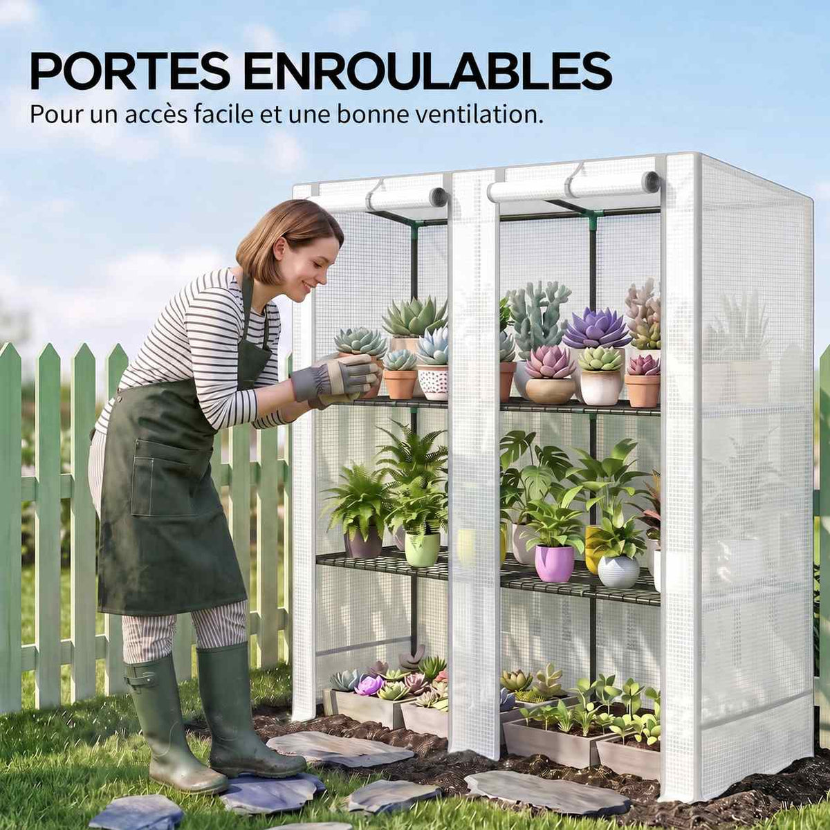 Jardinière s’occupant des plantes dans la serre blanche