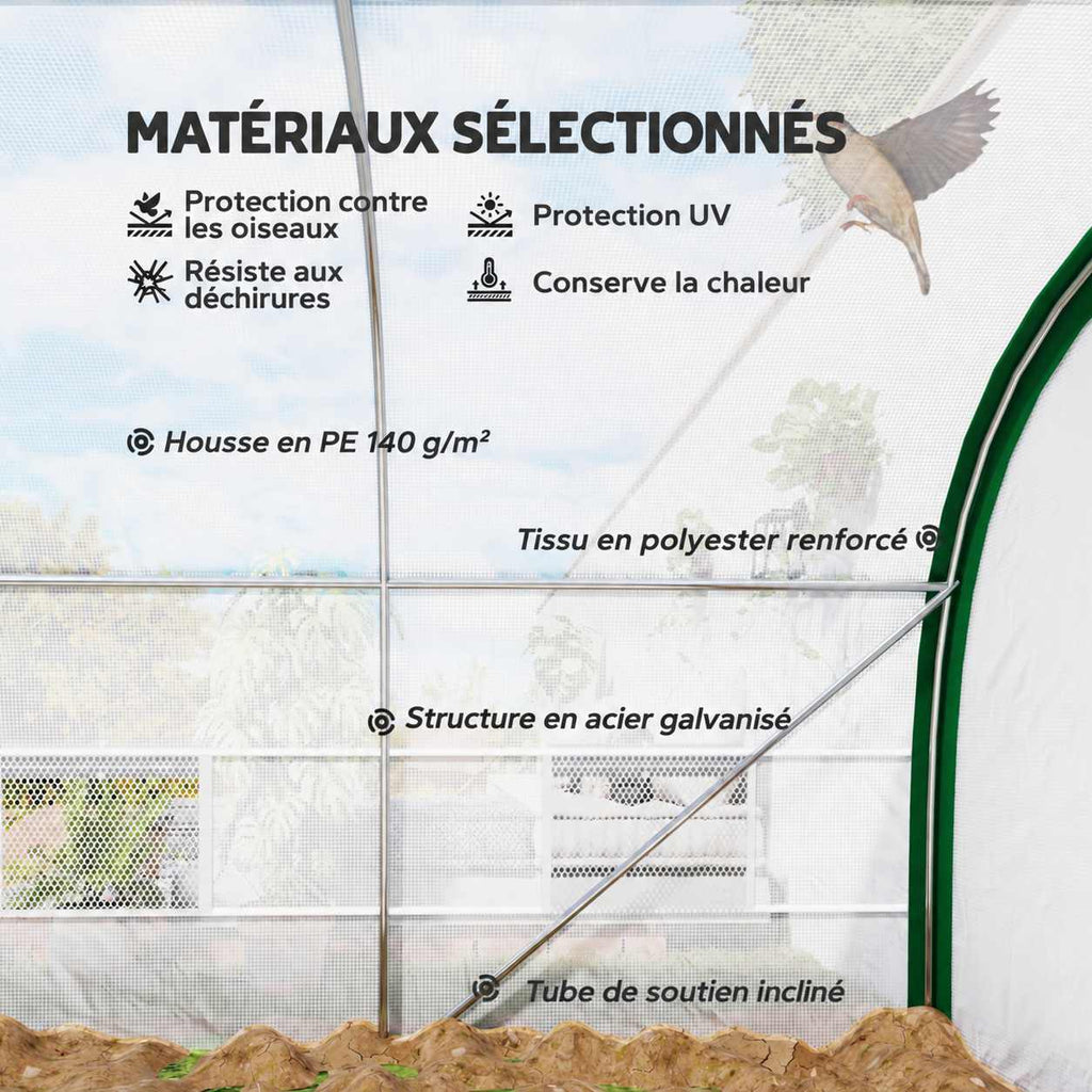 Détail de la bâche blanche, des bandes vertes et de l’armature