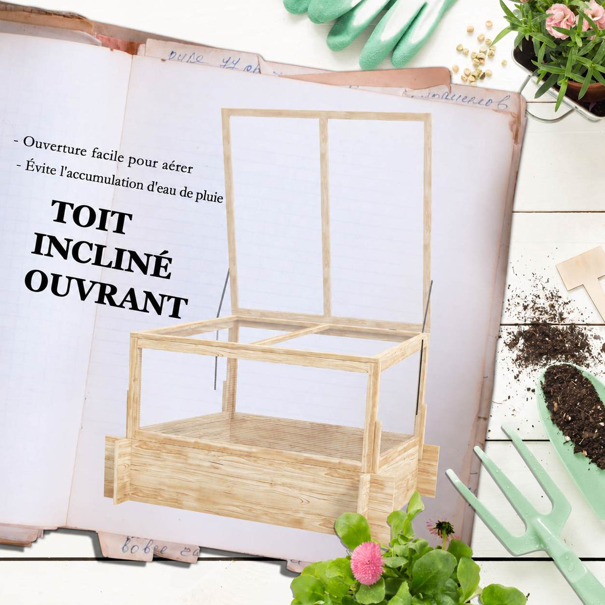 Carré potager en bois avec toit de serre relevé