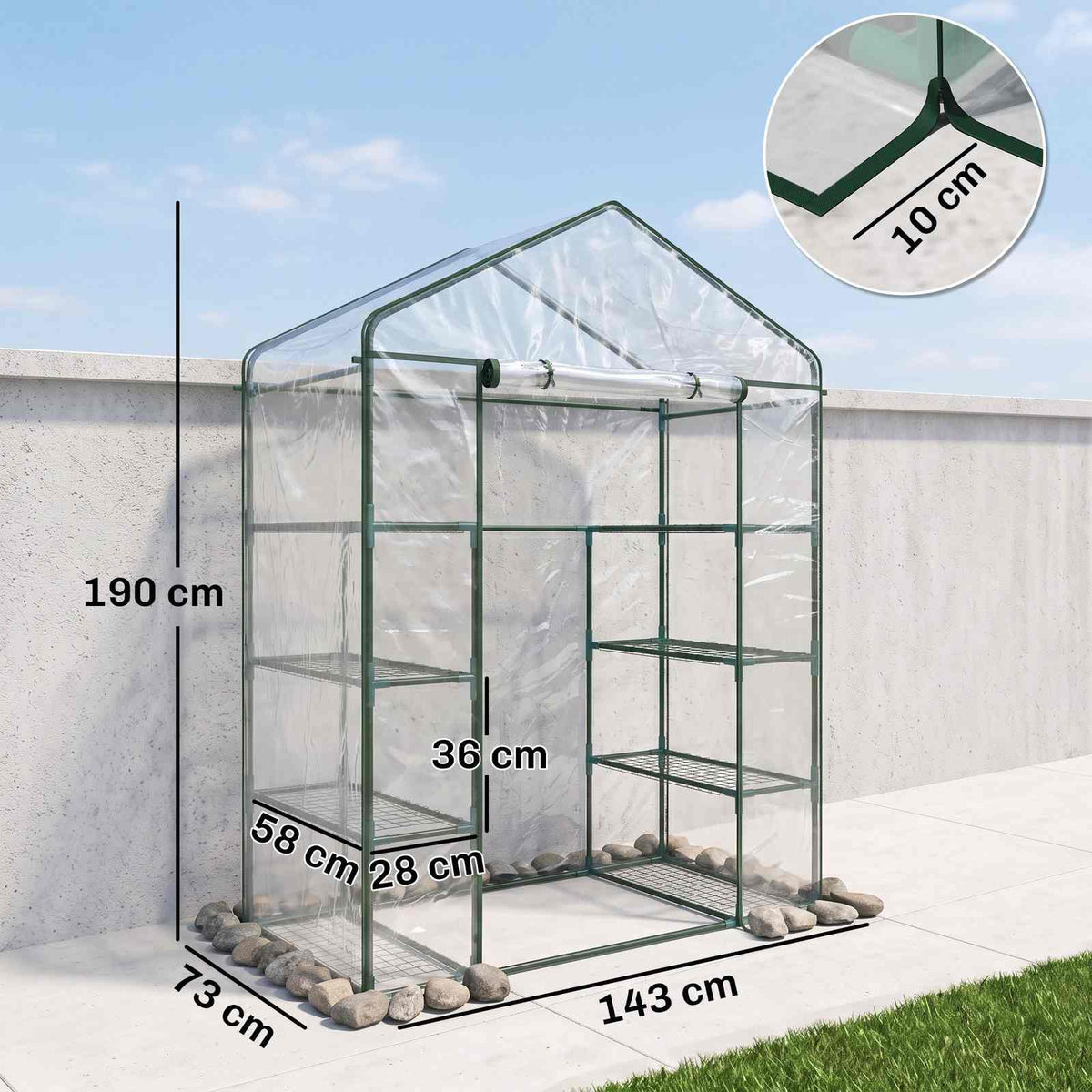 Dimensions de la petite serre transparente et de ses étagères