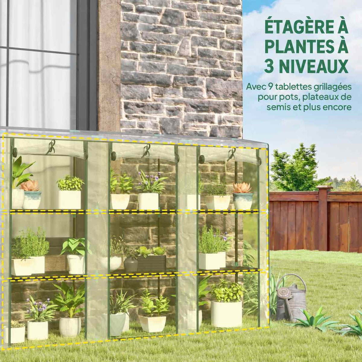 Serre de balcon transparente avec neuf tablettes de plantes en trois colonnes