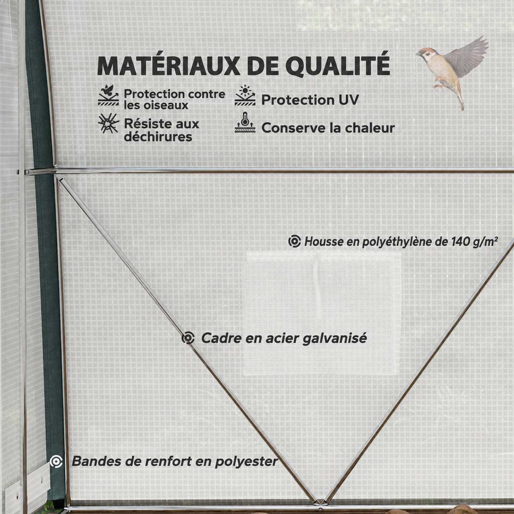 Détail intérieur de la housse et des renforts de la serre tunnel blanche