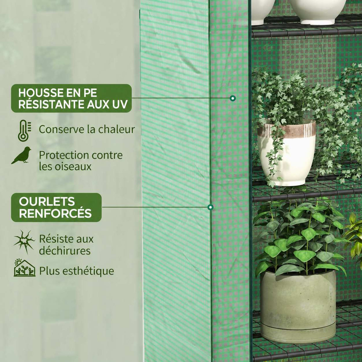 Détail de la housse verte quadrillée et de ses bordures