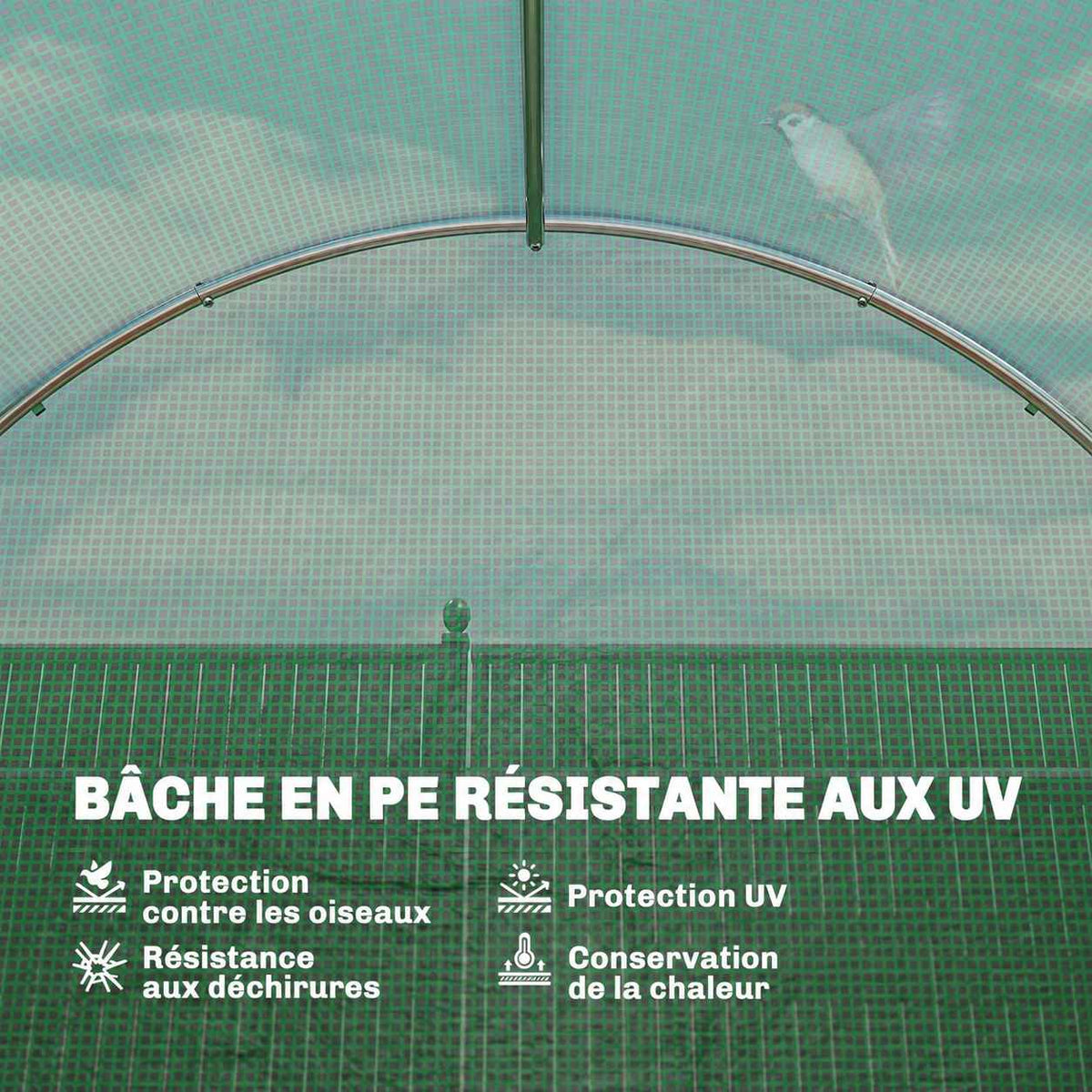 Détail intérieur de la housse verte quadrillée et des arceaux de la serre