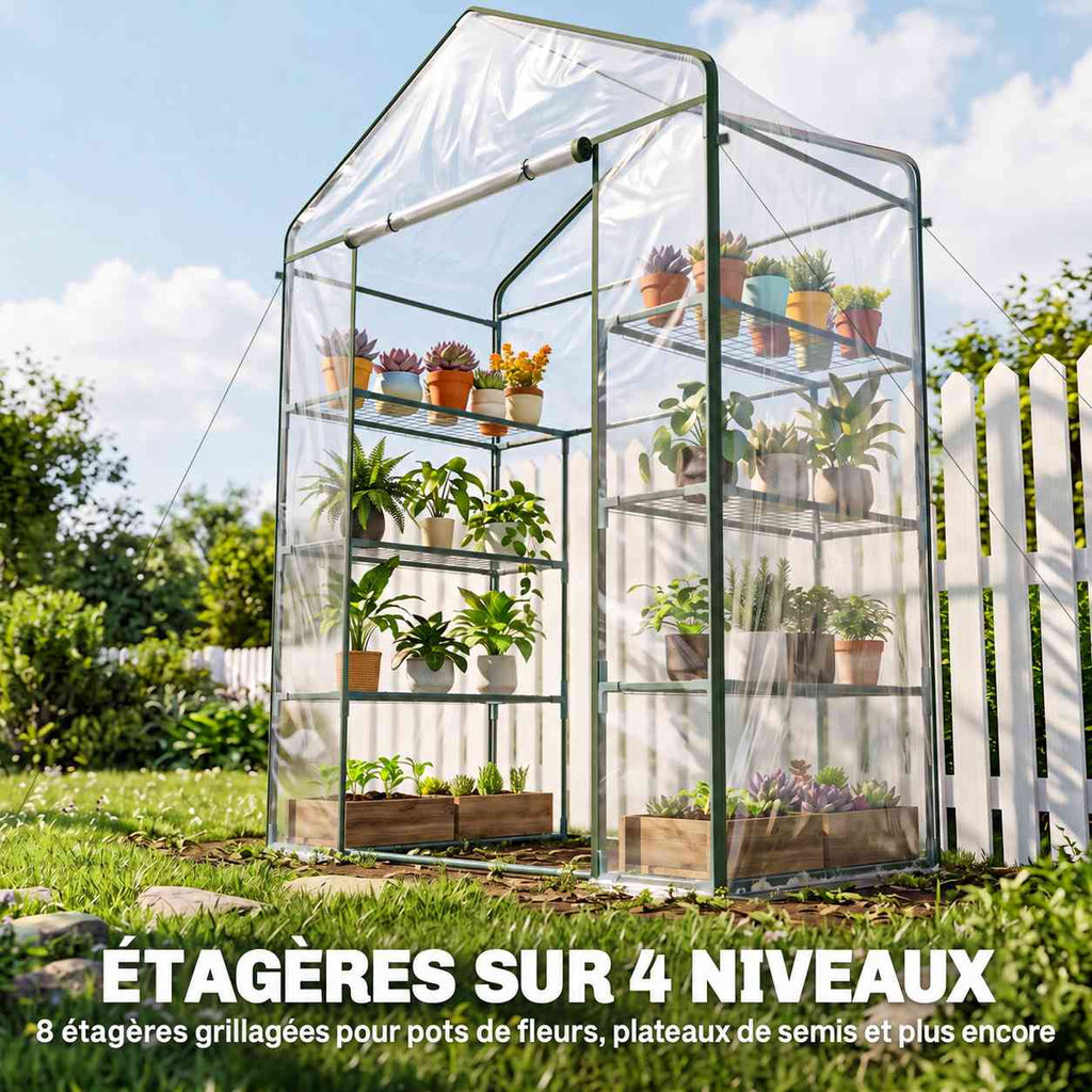 Présentation des étagères latérales à quatre niveaux de la serre