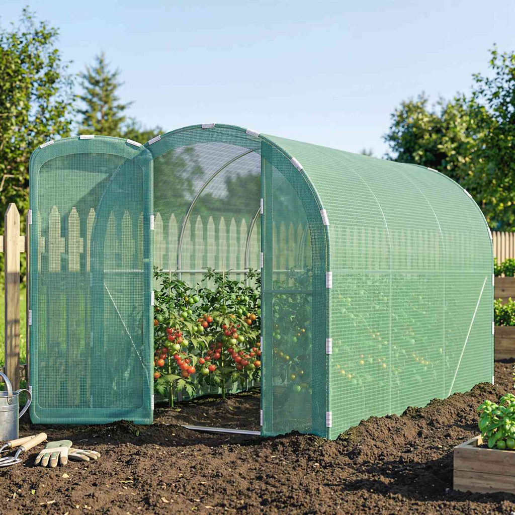 Serre tunnel verte à porte ouverte contenant des plantes au jardin