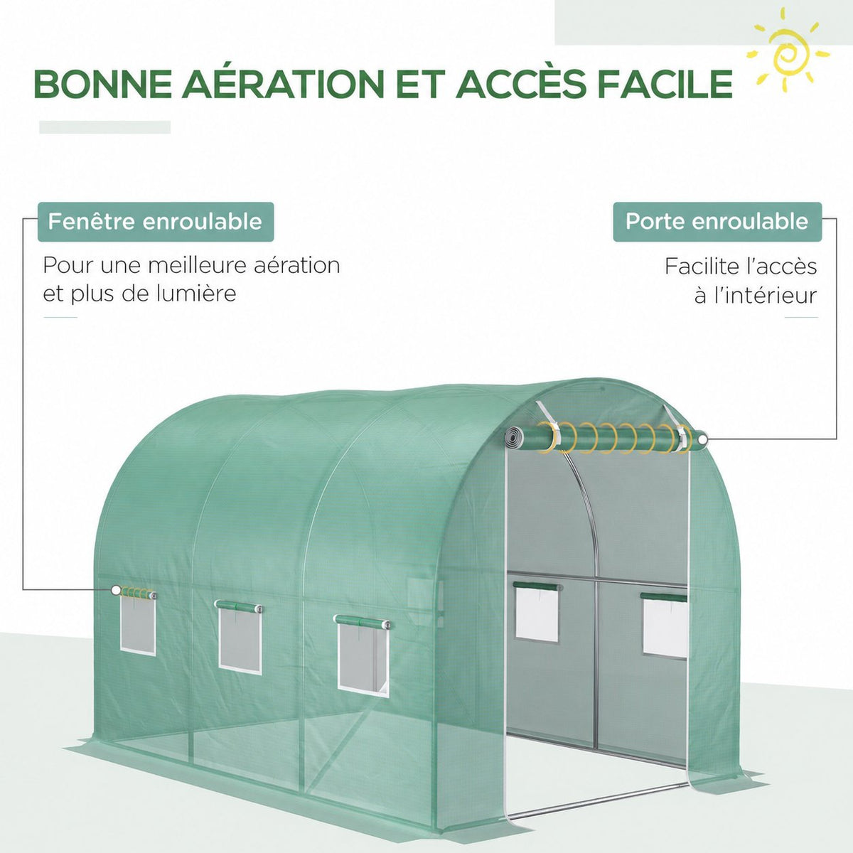 Présentation de la porte et des fenêtres enroulables de la bâche verte