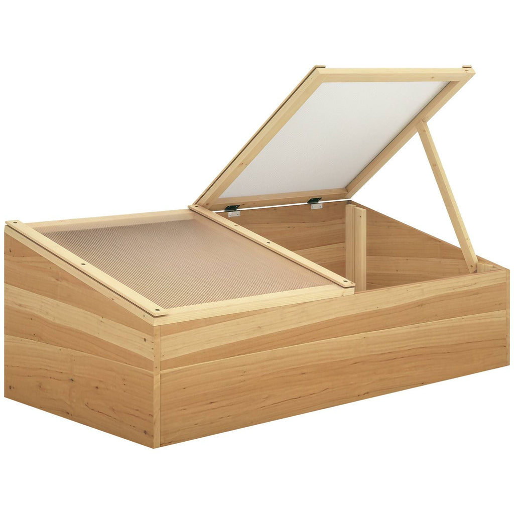 Châssis de culture en bois naturel avec l’un des deux couvercles ouvert