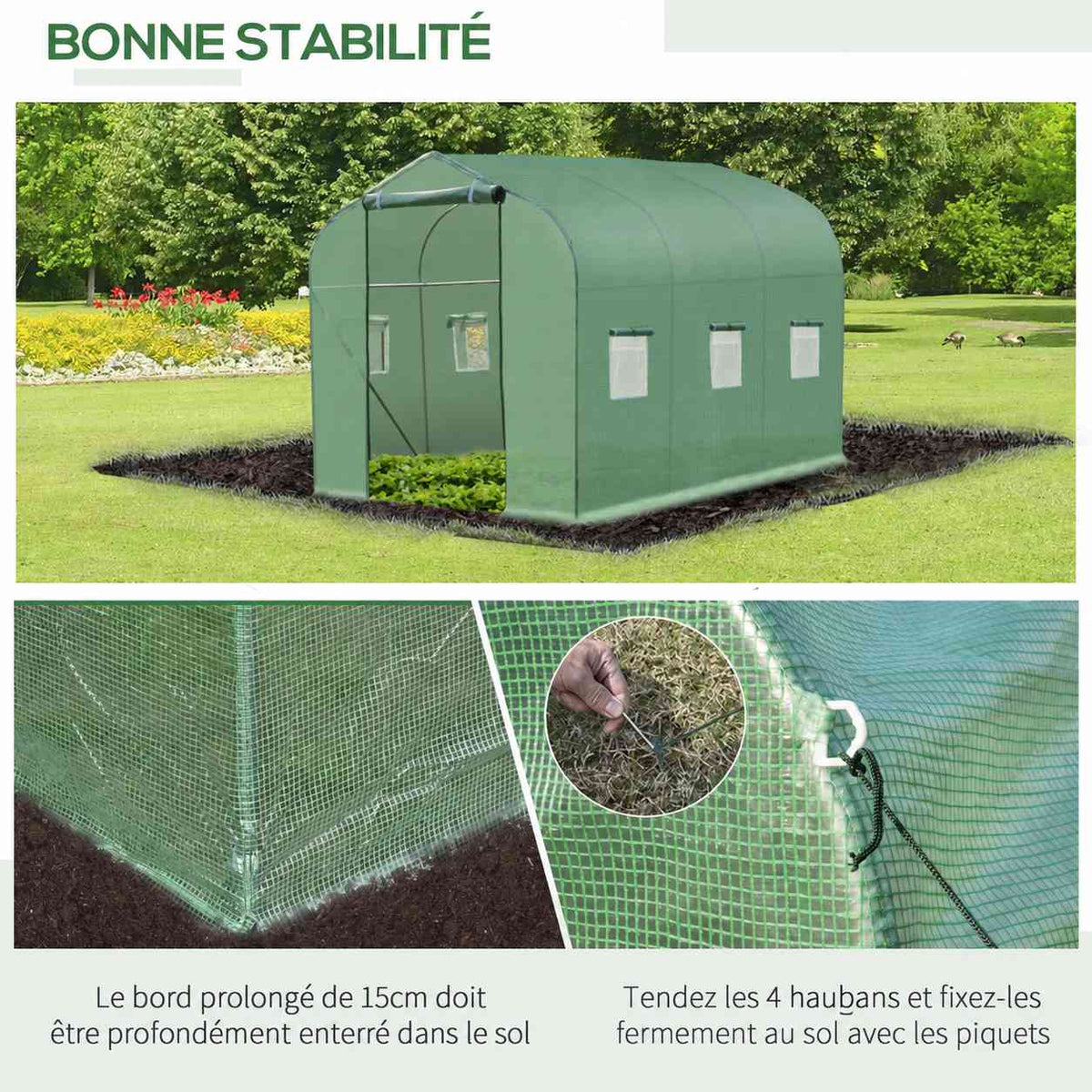 Serre verte et détails des cordes et du bord de bâche à enterrer