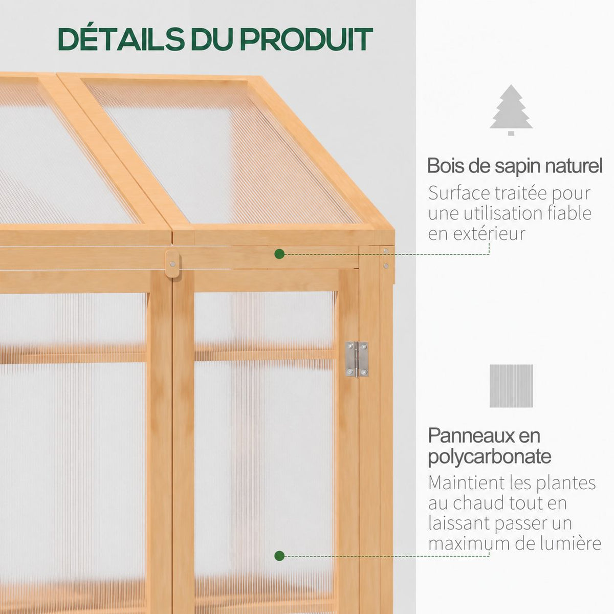 Détail du cadre en bois naturel et des panneaux translucides