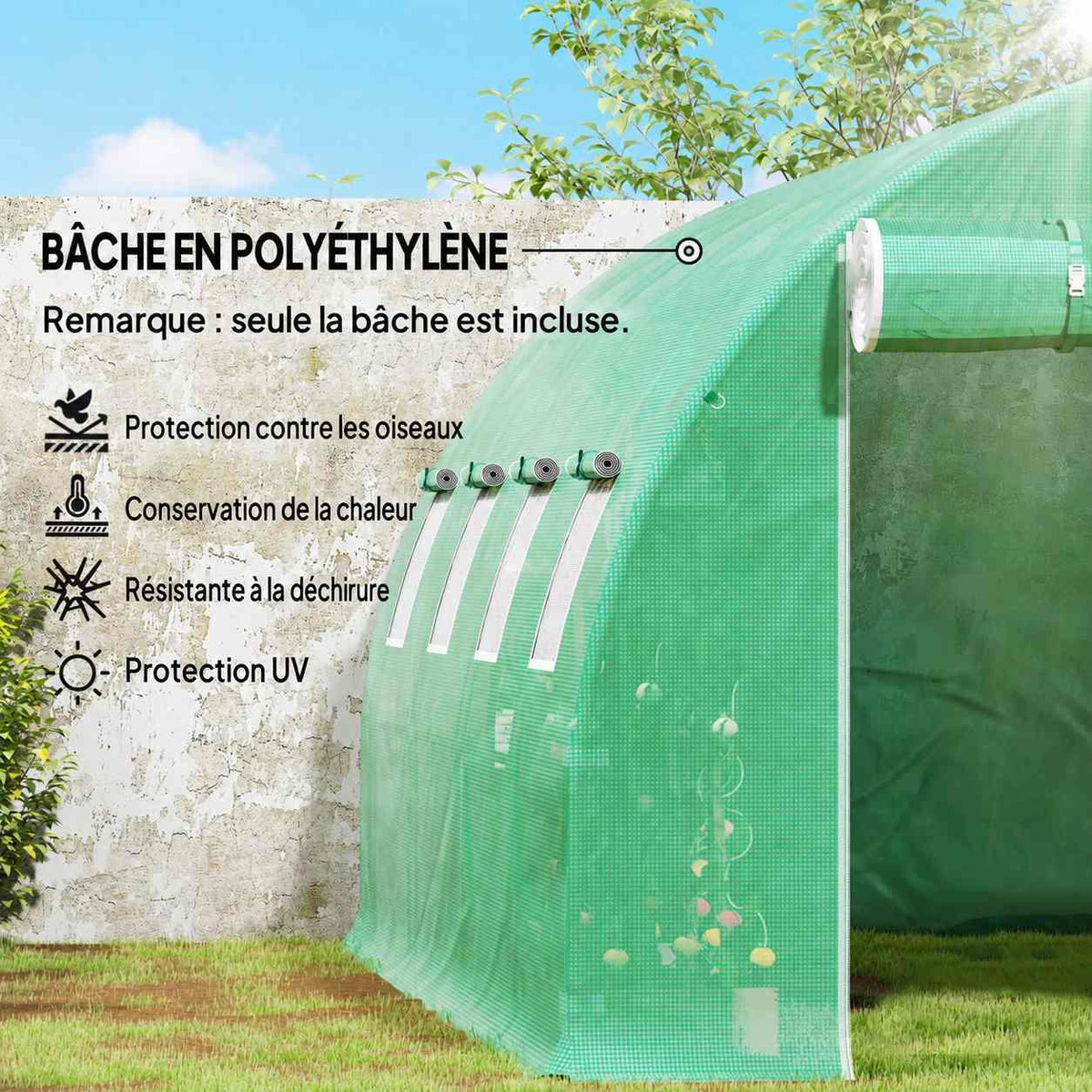 Détail latéral de la bâche verte avec fenêtres enroulées