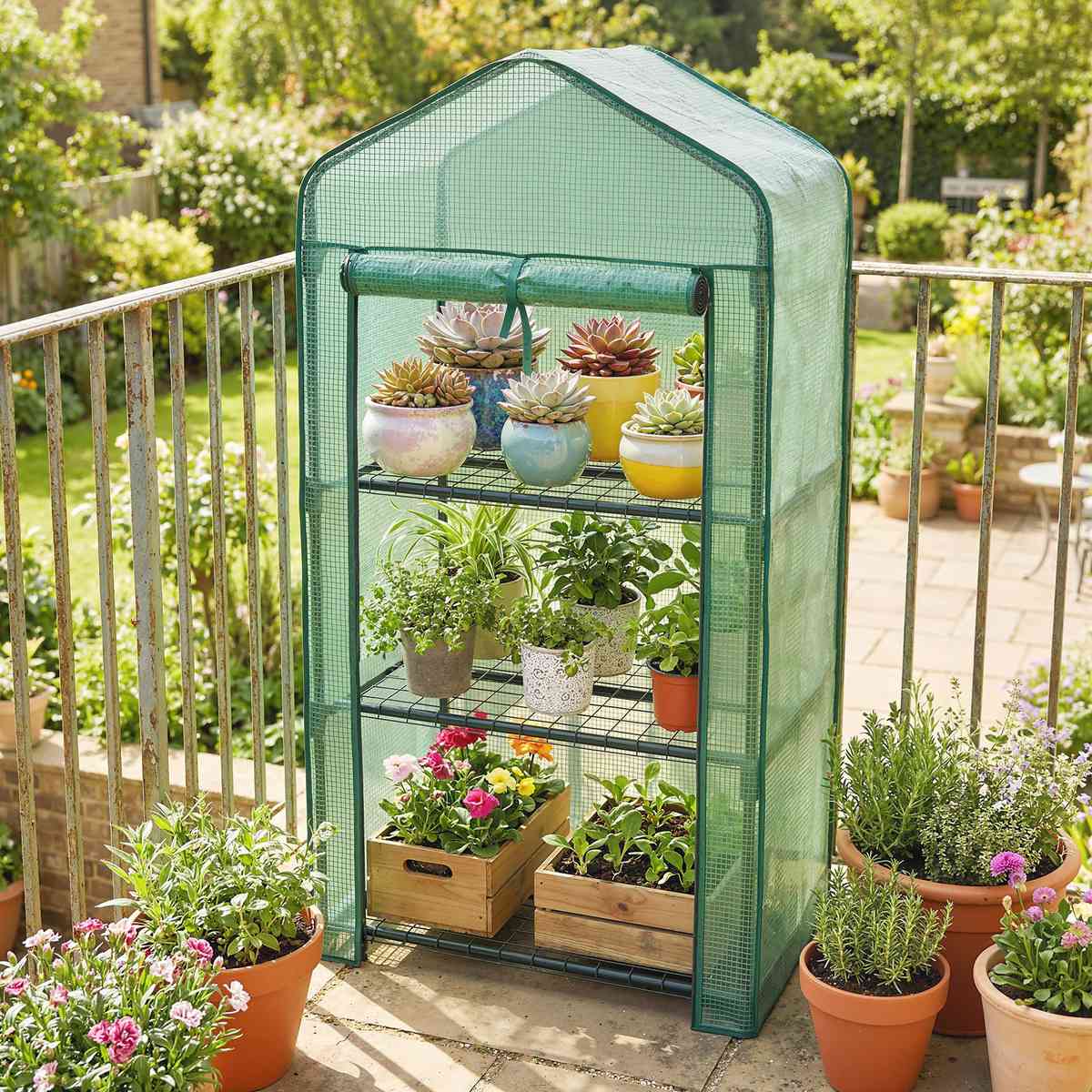 Mini serre verte avec plantes en pots sur une terrasse