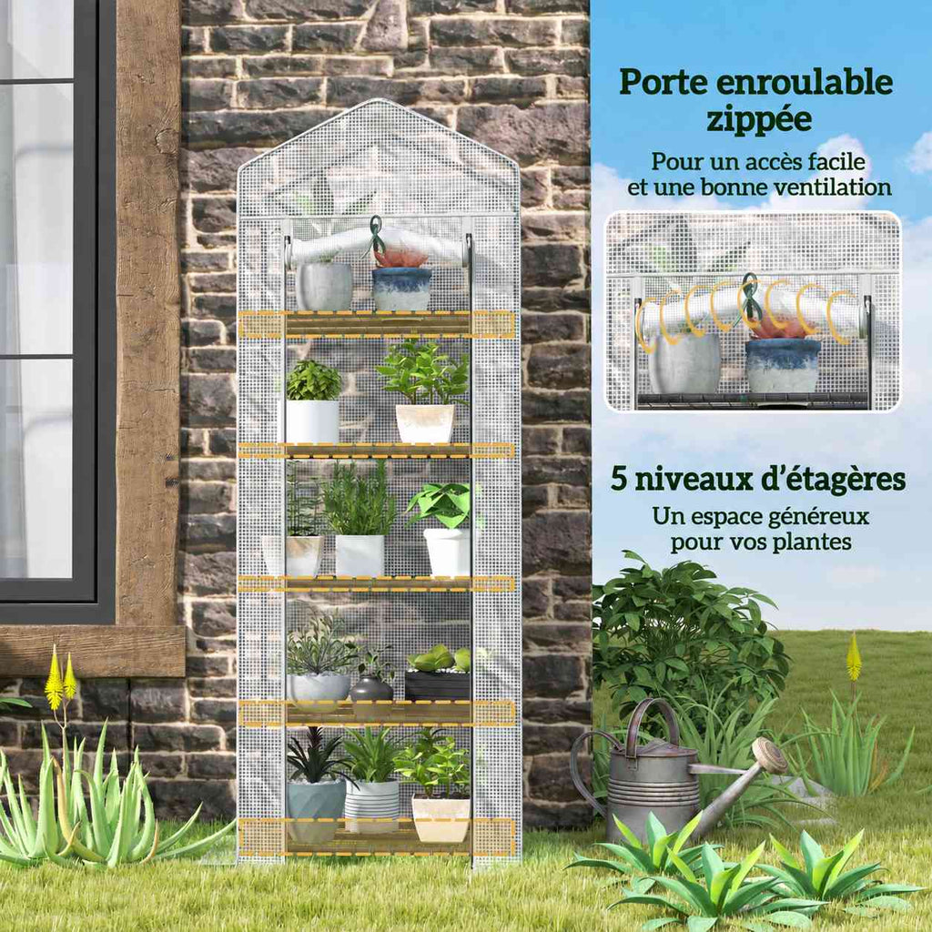 Mini serre transparente avec détail de la porte zippée enroulable et des cinq étagères