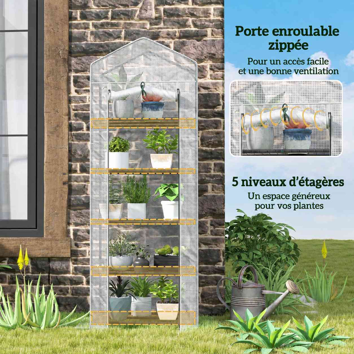 Mini serre transparente avec détail de la porte zippée enroulable et des cinq étagères