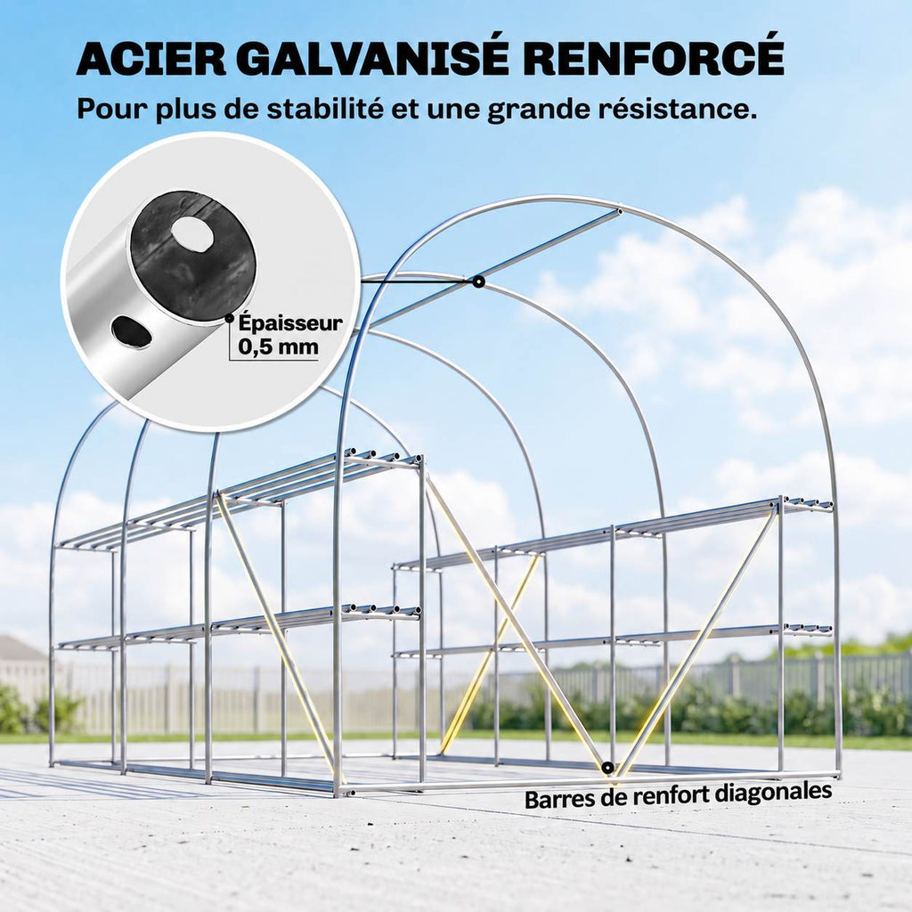 Armature de la serre tunnel avec tubes, étagères et renforts diagonaux