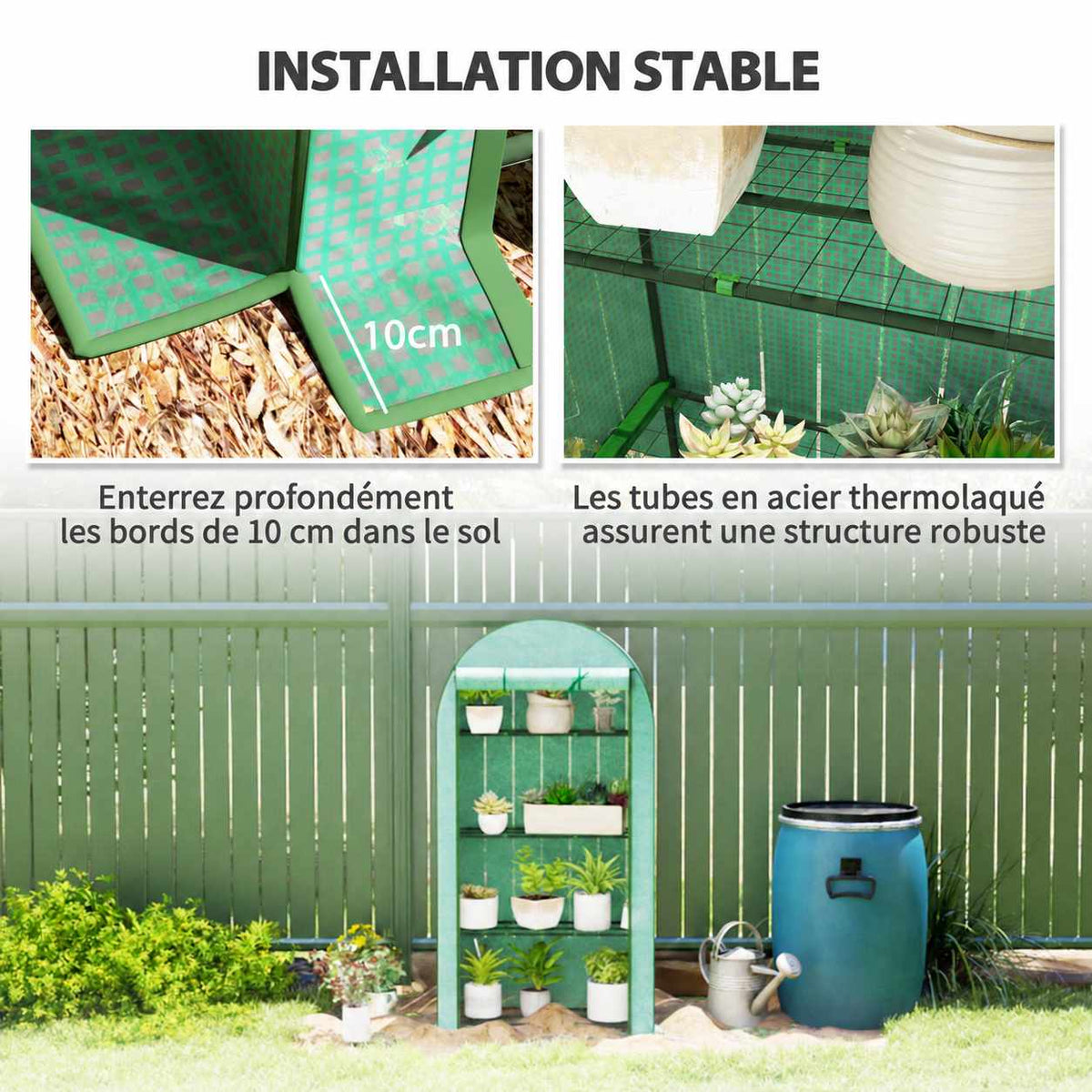 Serre de balcon verte avec détails du bord de housse et des étagères
