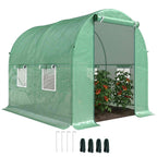 Serre tunnel verte avec porte ouverte, plants de tomates et piquets fournis