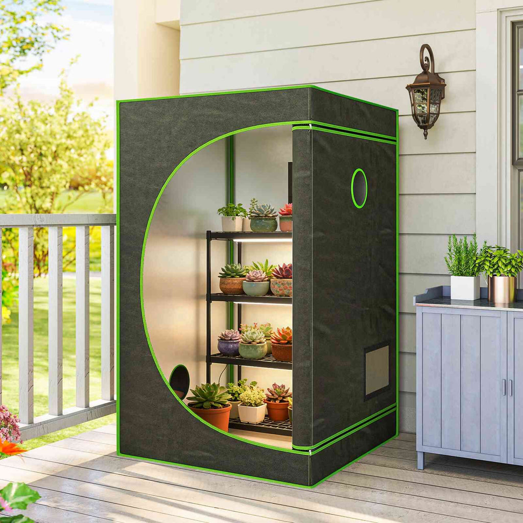 Chambre de culture noire ouverte avec étagère de plantes en pots