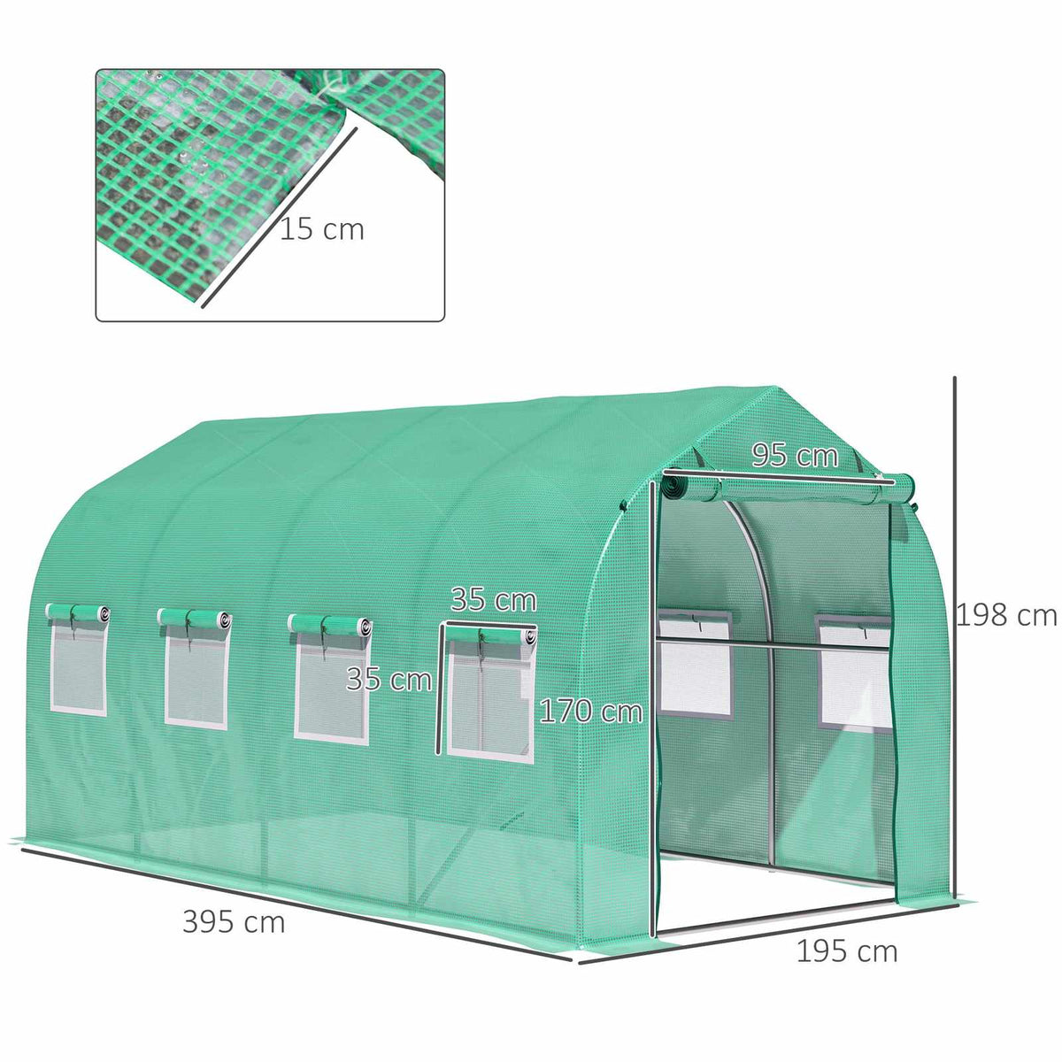 Dimensions de la serre tunnel verte : 395 x 195 x 198 cm