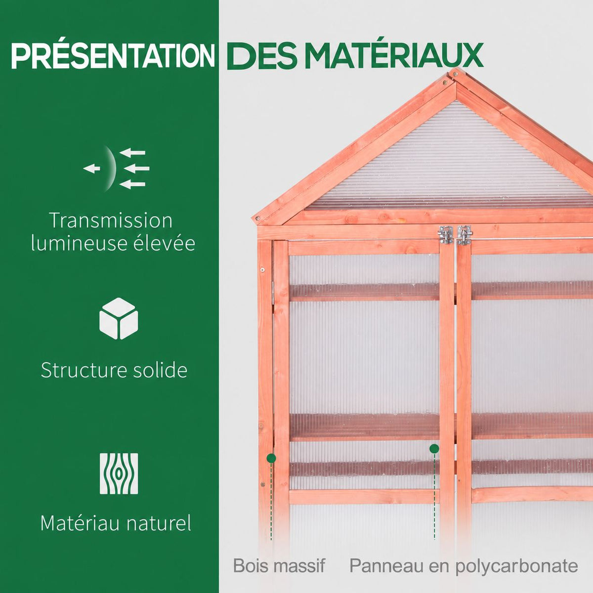 Présentation du bois brun et des panneaux de la serre armoire