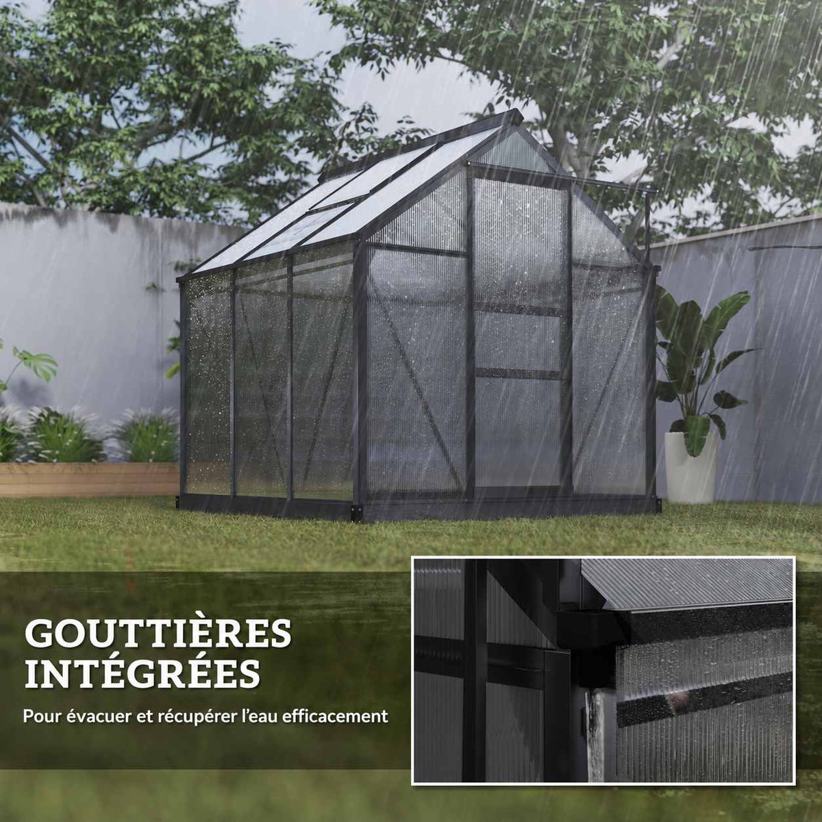 Serre sous la pluie et détail de sa gouttière intégrée
