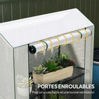 Gros plan du toit et de la porte enroulable de la mini serre blanche