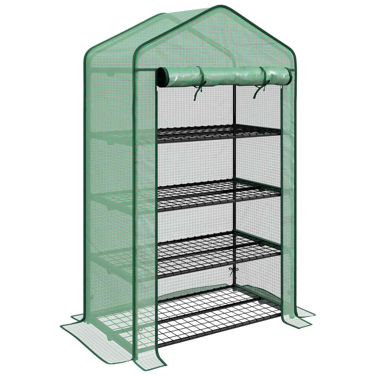 Mini serre verte avec quatre étagères et porte enroulée