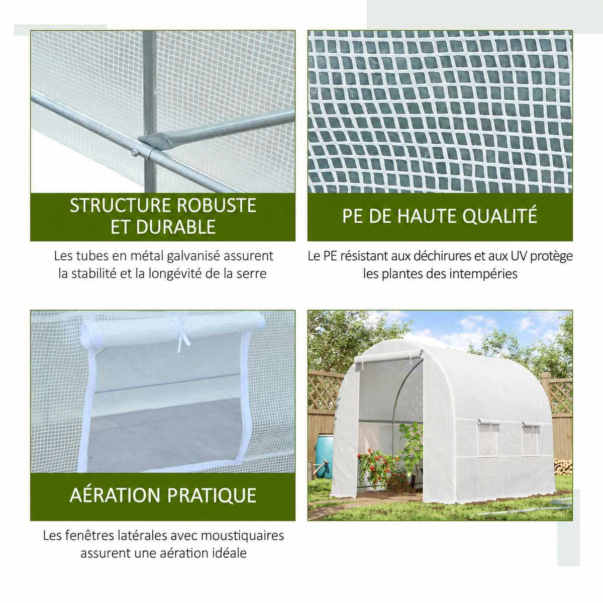 Détails du cadre, de la bâche et d’une fenêtre de la serre blanche
