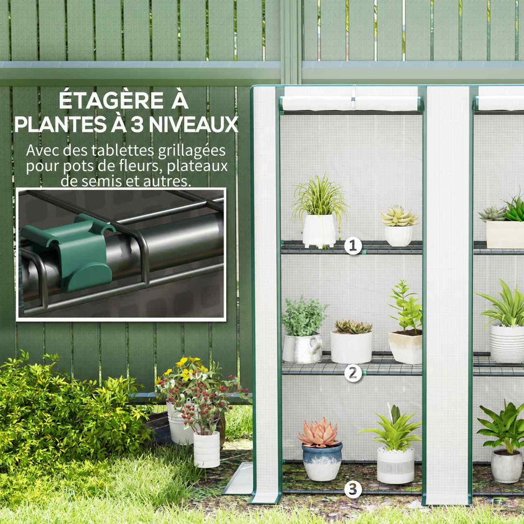 Serre blanche avec plantes sur trois niveaux et raccord