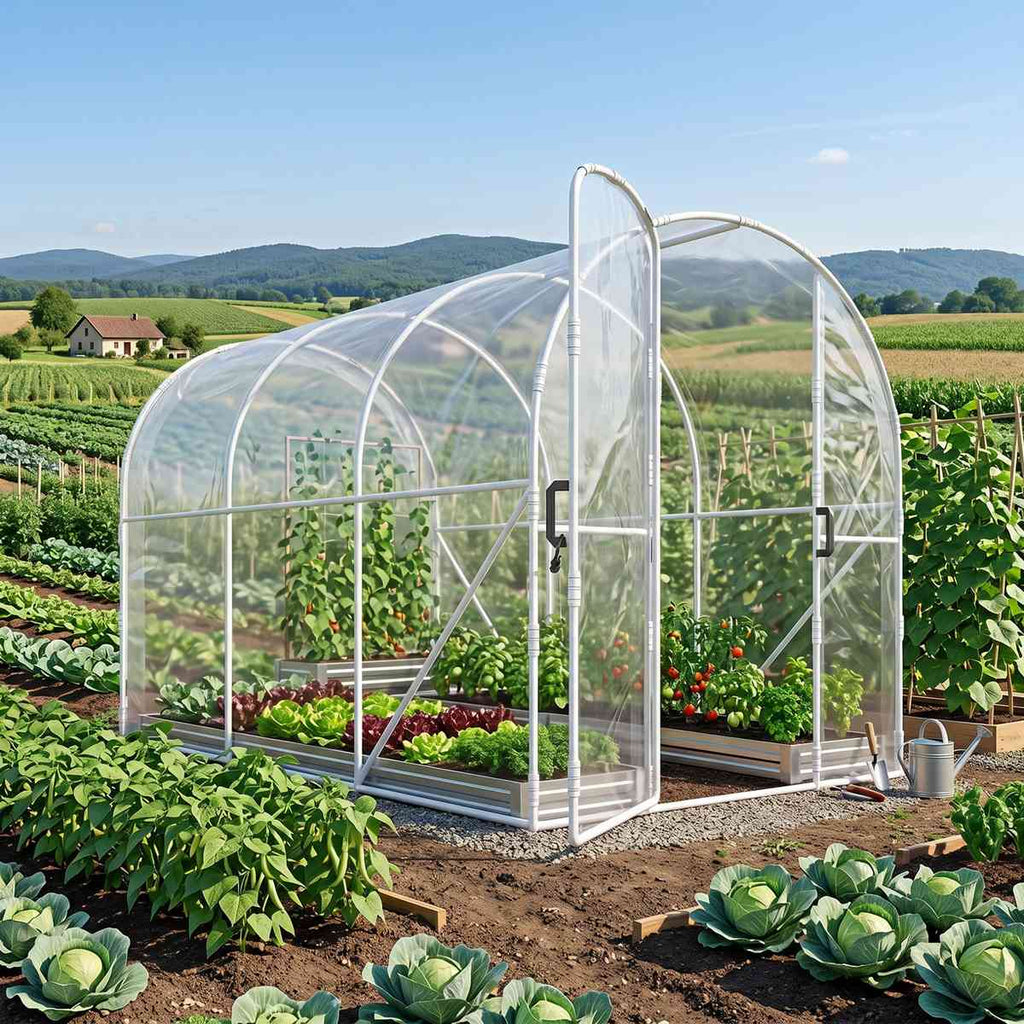 Serre transparente abritant des bacs dans un potager
