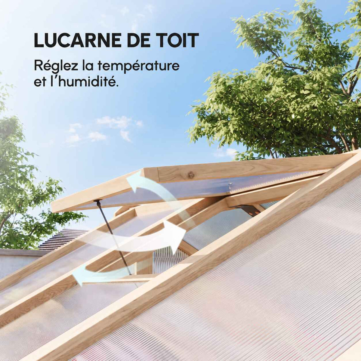 Détail de la lucarne de toit ouverte de la serre en bois