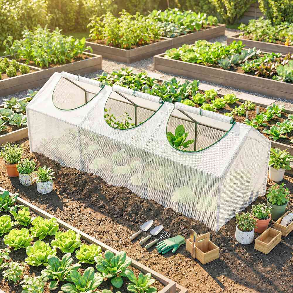 Mini serre blanche avec fenêtres ouvertes dans un potager